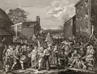 Marschen till Finchley, graverad av T.E. Nicholson, från "The Works of Hogarth", publicerad 1833
