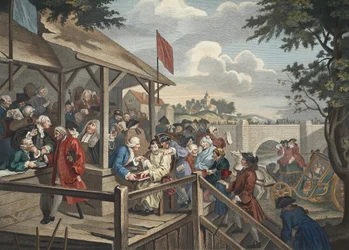 Röstningen, illustrationen från "återställd Hogarth: Hela verken av den berömde William Hogarth, inristad på nytt av Thomas Cook", pub. 1812 (handfärgad gravyr)
