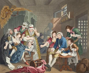 Utsvävaren i fängelse, plansch VII, ur ”En utsvävares karriär”, illustration ur ”Hogarth Restored: The Whole Works of the Celebrated William Hogarth, re-engraved by Thomas Cook”, utgiven 1812, handkolorerad