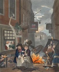 Tider på dygnet, natt, illustration från "Hogarth Restored: The Whole Works of the celebred William Hogarth, re-graved by Thomas Cook", pub. 1812 (handfärgad gravyr)