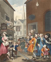 Tider på dagen: Noon, illustration från "Hogarth Restored: The Whole Works of the hyllade William Hogarth, omgraverad av Thomas Cook", pub. 1812 (handfärgad gravyr)