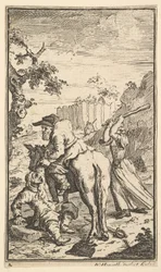 Trulla attackerar Hudibras Sjutton små illustrationer för Samuel Butlers Hudibras..., 1721-26.