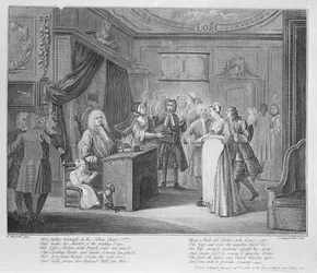 Kvinna som svär ett barn till en gravsatt medborgare, ca 1735