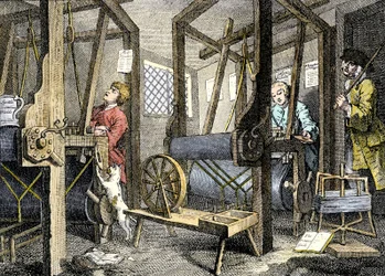 Verkstad och arbetare med vävmaterial i Spitalfields, England