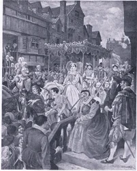Drottning Marys delstatsinträde i Edinburgh 1561, från Cassells History of the British People publicerad av Waverley Book Company, ca 1950-talet (litho)
