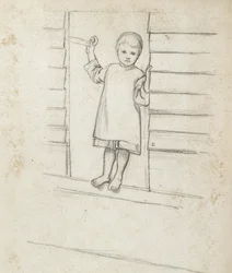 Flicka i en hängselklädsel, stående på en fönsterbräda, ca 1868-1869 (grafit på papper)