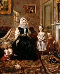 Gruppporträtt av Henry Clarks svärmor, mrs Davies, och fyra av hans barn i salongen i hans hem, 186 High Street, Homerton, omkring 1846.