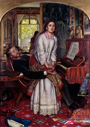 Det uppvaknande samvetet. En ung kvinna i synd hoppar plötsligt upp, plågad av en andlig uppenbarelse, och försöker fly från sin älskares armar. Målning av William Holman Hunt (1827-1910)