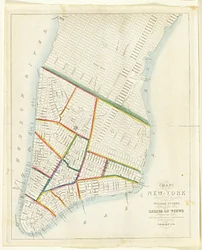 Karta över staden New York [så långt norrut som East 53rd Street], 1885 (svart bläck, med handkolorering, på papper)