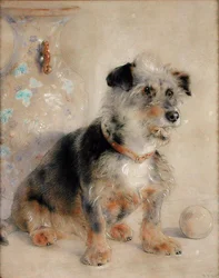 Terrier sittande framför en Canton Famille Rose Vase