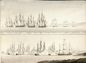 Olika sätt att måla en linje av slagskepp, tidigt 1800-tal (penna, grå lavering)