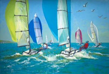 Båtar med spinnaker ute (olja ombord)