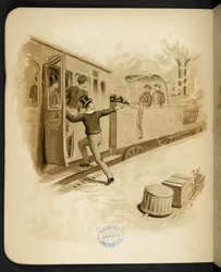 Att sätta sig på ett ångtåg.  Holiday Train: en sång av "Dulce Domum" ... Illustrerad av W. J. Webb.  Frederick Langbridge  London, 1891