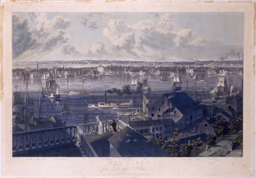 New York från Brooklyn Heights, 1837 (handfärgad etsning och akvatint)