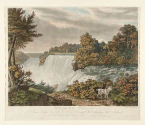 Niagarafallen. Till Thomas Dixon Esq. är denna vy över American Fall, sedd från Goat Island, vördnadsfullt tillägnad