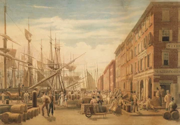 Utsikt över South Street, från Maiden Lane, New York City, ca. 1827.