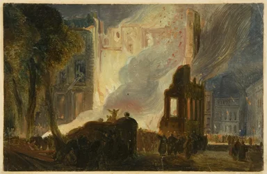 Bristol Riots: The Burning of the Mansion House, Queen Square, ca 1831 (olja på papper)