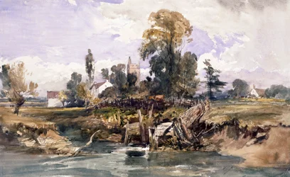 Landskap med en kyrka och ett hus