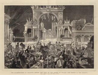 Upplysningarna i Calcutta under besöket av prinsen av Wales, folkmassan på gatorna