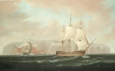 Ett tredäckat linjeskepp på väg bort från Jamestown, S:t Helena, med en eskorterande fregatt som avfyrar en avskedssalut