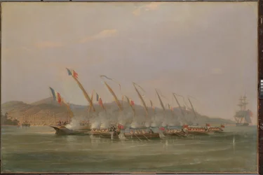 Kapten Robert Maunsell tillfångatar franska kanonbåtar utanför Java, juli 1811, ca 1811 (olja på duk)