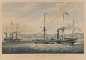Fartyg från General Steam Navigation Company. Caledonia på 800 ton, lämnar Hamburg - Neptune på 800 ton, går in i Elbe på sin resa till Hamburg, med Hennes Majestäts post