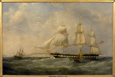 Indiamanfartyget "Trafalgar", utanför Dovers kust (England), byggt 1848 i Blackwall (England), för resan från London till Calcutta (Indien)