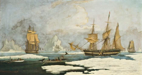 The Northern Whale Fishery: Fartyget Harmony of Hull och andra isbundna valfångare, jagar sälar, narvalar och valar på valfångstmarken vid Davissundet utanför Grönland