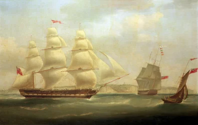 Fartyget "Roxburgh Castle" med fartyget "Sir Edward Paget" utanför Dovers kust (England), med slottet synligt i bakgrunden