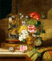 En vas med olika blommor och sångfåglar på en avsats, 1867