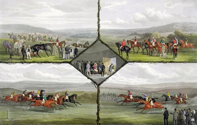 Racing Incidents, graverad av Edward Gilbert Hester (ca 1843-1903) publicerad av Arthur Ackermann, 1876 (färgad akvatint)