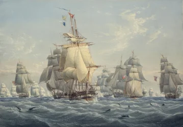 En brittisk skvadron under full segel med tumlare