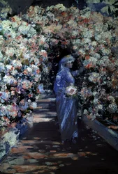 Bruden. En ung brud plockar blommor under en båge i en trädgård. Målning av William Kennedy (1859-1918 brittisk) Privat samling