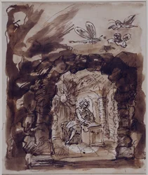 Alexander Pope i sin grotta, ca 1730 (Penna och bläck med brun tvätt över penna på papper)