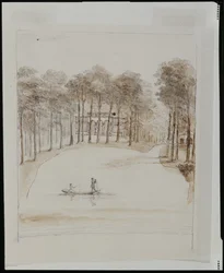 Birdhouse på Chiswick; pool med ett par i en båt, kvinnan som fiskar (penna & brun tvätt över penna på papper)
