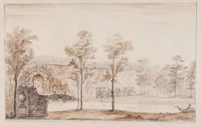 Chiswick, design för en rustik kaskad och bro mot terrassen (penna & bläck och skölj över penna på papper)