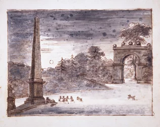 Chiswick, Burlington Lane Gate och obelisken i månskenet med Kent som sitter vid obelisken och drömmer, och med kaniner på spel, ca 1732 (penna & bläck och tvätt på papper)