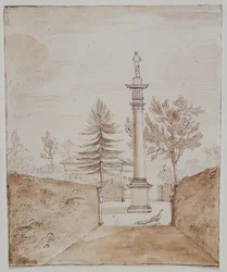 Chiswick, utsikt över den doriska kolumnen med Venus de Medici-statyn och en glimt av sidan av hjorthuset (penna och bläck på papper)