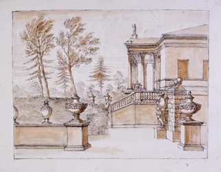 Chiswick, utsikt över villan på Inigo Jones-statyns sida (penna & bläck och skölj över penna på papper)