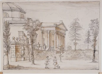 Chiswick, utsikt över villan från Palladio-statyns sida (penna & bläck och skölj över penna på papper)