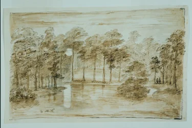 Design för skogsvattenträdgården, sett i månskenet (penna och bläck och skölj över penna på papper)