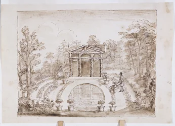 Blommigt tempel och rund pool