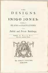 Designen av Inigo Jones som består av planer och höjder för offentliga och privata byggnader. Publicerad av William Kent, Med några ytterligare mönster. Den första [andra] volymen