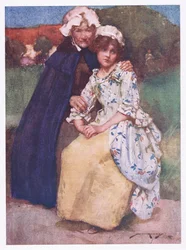 De blyga jungfrurnas sidlängda blickar av kärlek (färg litho)