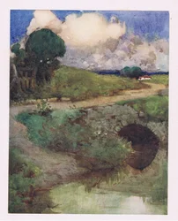Den svalkande bäcken, den gräsklädda gröna (färg litho)