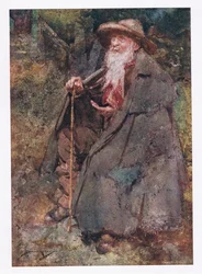 Den länge ihågkomna tiggaren var hans gäst, vars skägg som sänkte sig svepte hans åldrade bröst (färg litho)