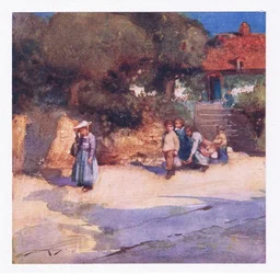 De lekfulla barnen släppte precis loss från skolan (färg litho)