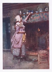 Medan trasiga tekoppar, klokt förvarade för show, sträckte sig utanför skorstenen, glittrade på rad (färg litho)