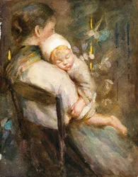 Ung mamma med ett barn som sover i knät (akvarell på papper)