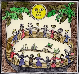 En cirkel av häxor som dansar under en fullmåne, 1800- eller tidigt 1900-tal